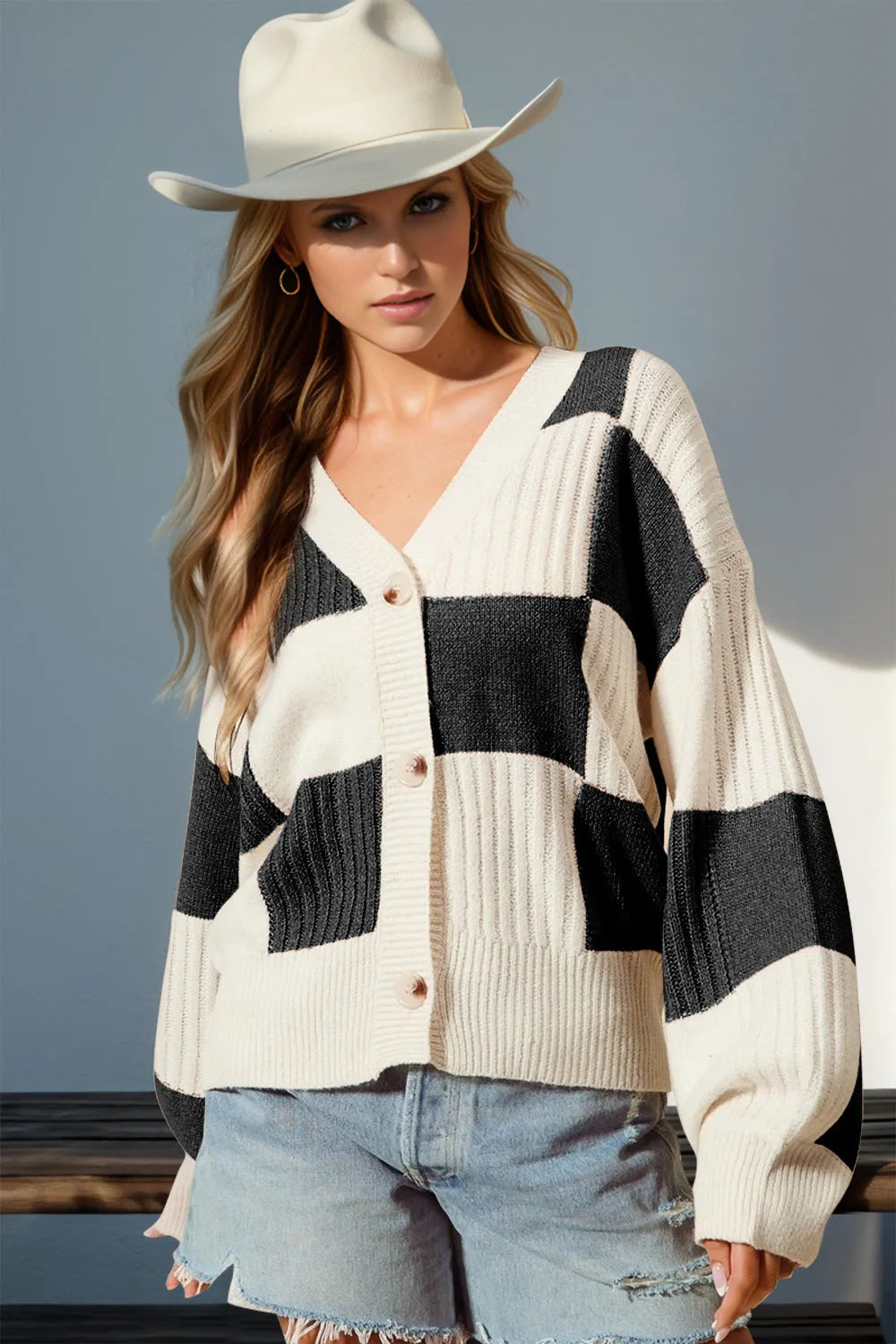 Double Take Full Size Checkered Dropped Shoulder Cardigan - Wellen Fashion