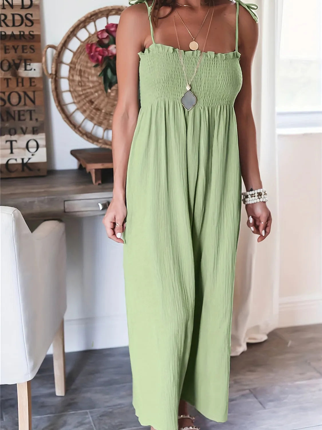 Full Size Smocked Spaghetti Strap Wide Leg Jumpsuit - Wellen Fashion