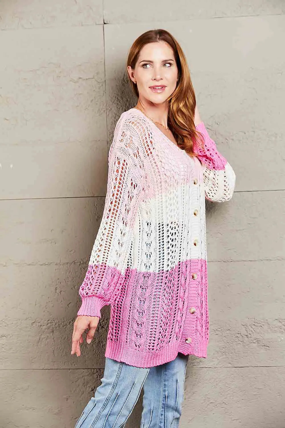 Double Take Openwork Ribbed Cuff Longline Cardigan - Wellen Fashion