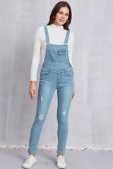 Distressed Washed Denim Overalls with Pockets - Wellen Fashion