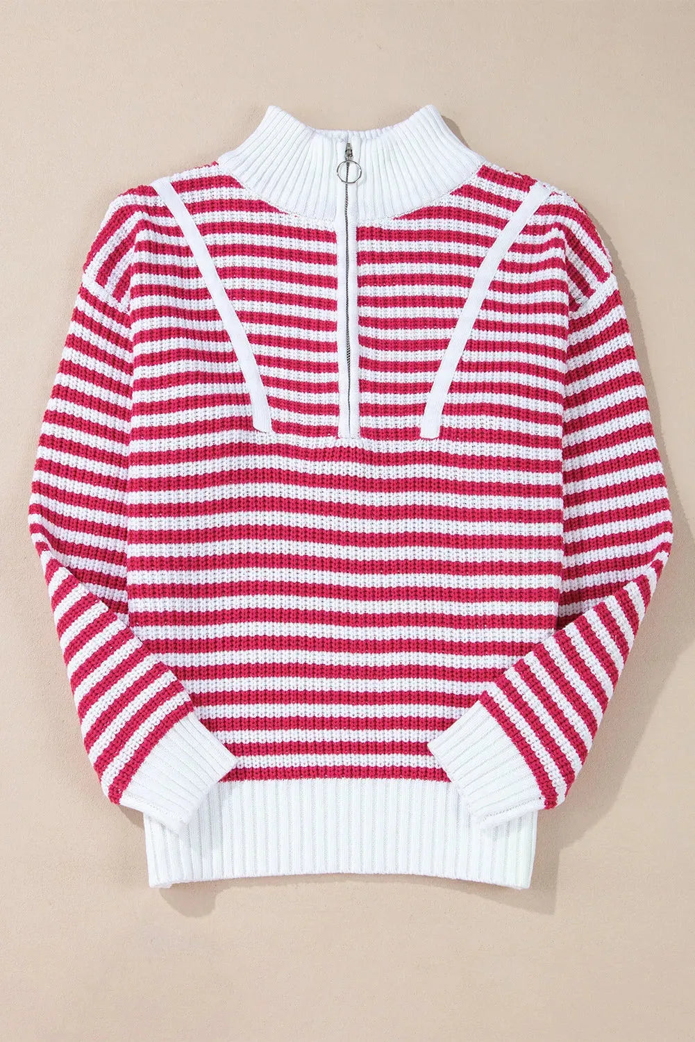 Striped Half Zip Long Sleeve Sweater - Wellen Fashion