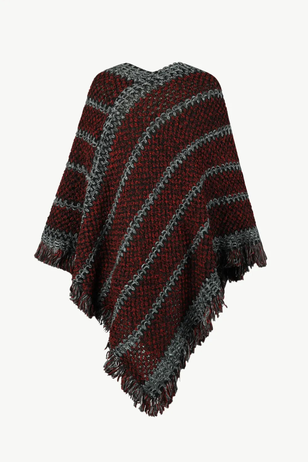 V-Neck Fringe Hem Poncho - Wellen Fashion