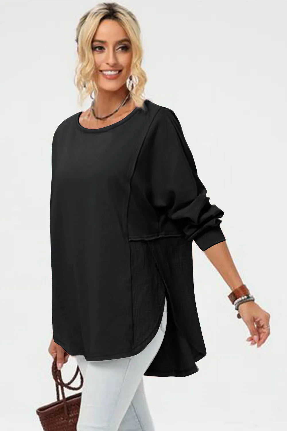 Double Take Full Size Long Sleeve High-Low T-Shirt - Wellen Fashion