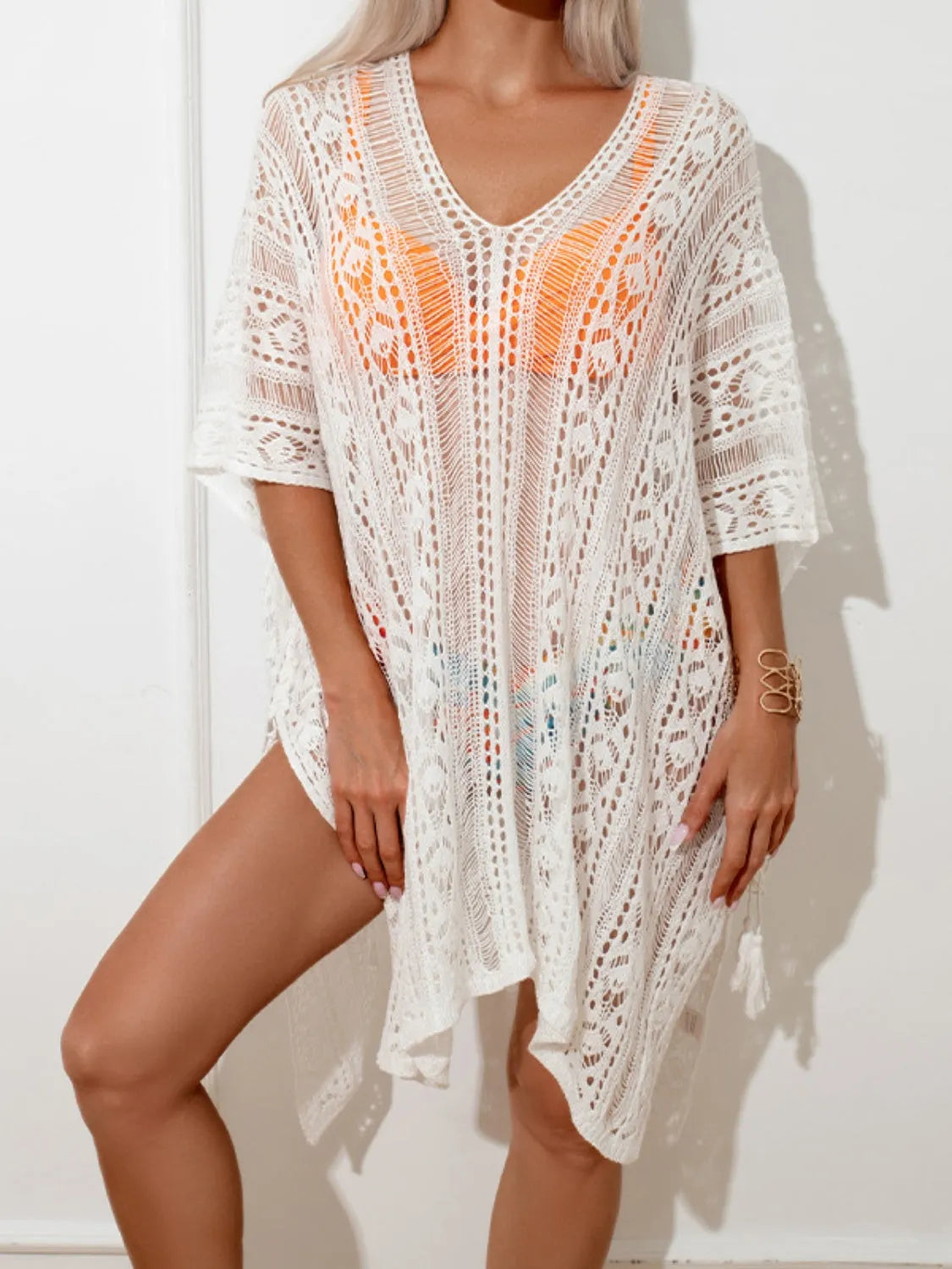 Openwork V-Neck Half Sleeve Cover-Up - Wellen Fashion