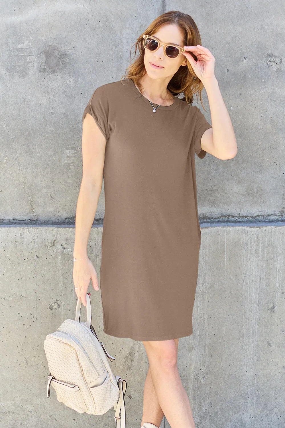 Basic Bae Full Size Round Neck Short Sleeve Dress with Pockets - Wellen Fashion