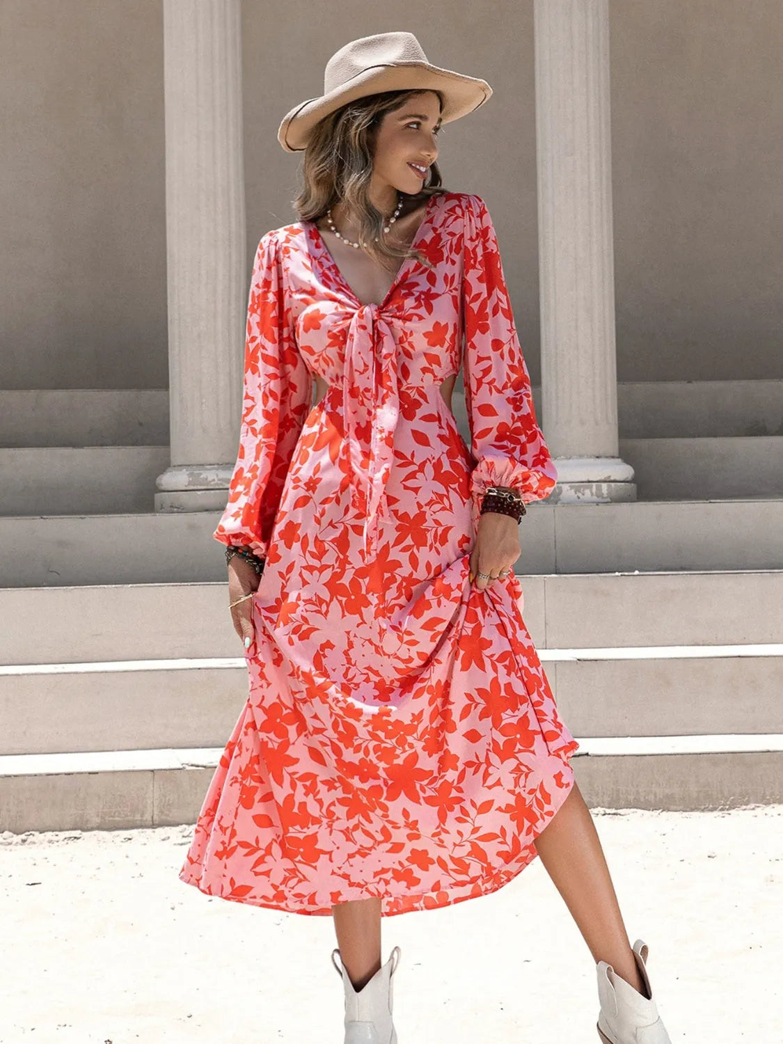 Tied Cutout Printed Long Sleeve Midi Dress - Wellen Fashion