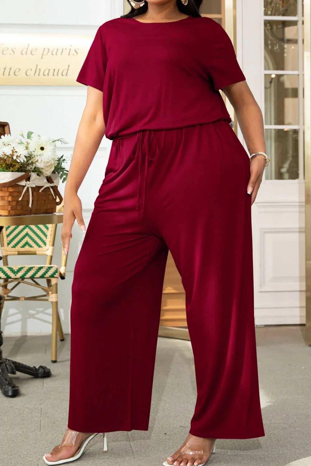 Plus Size Drawstring Waist Short Sleeve Jumpsuit - Wellen Fashion