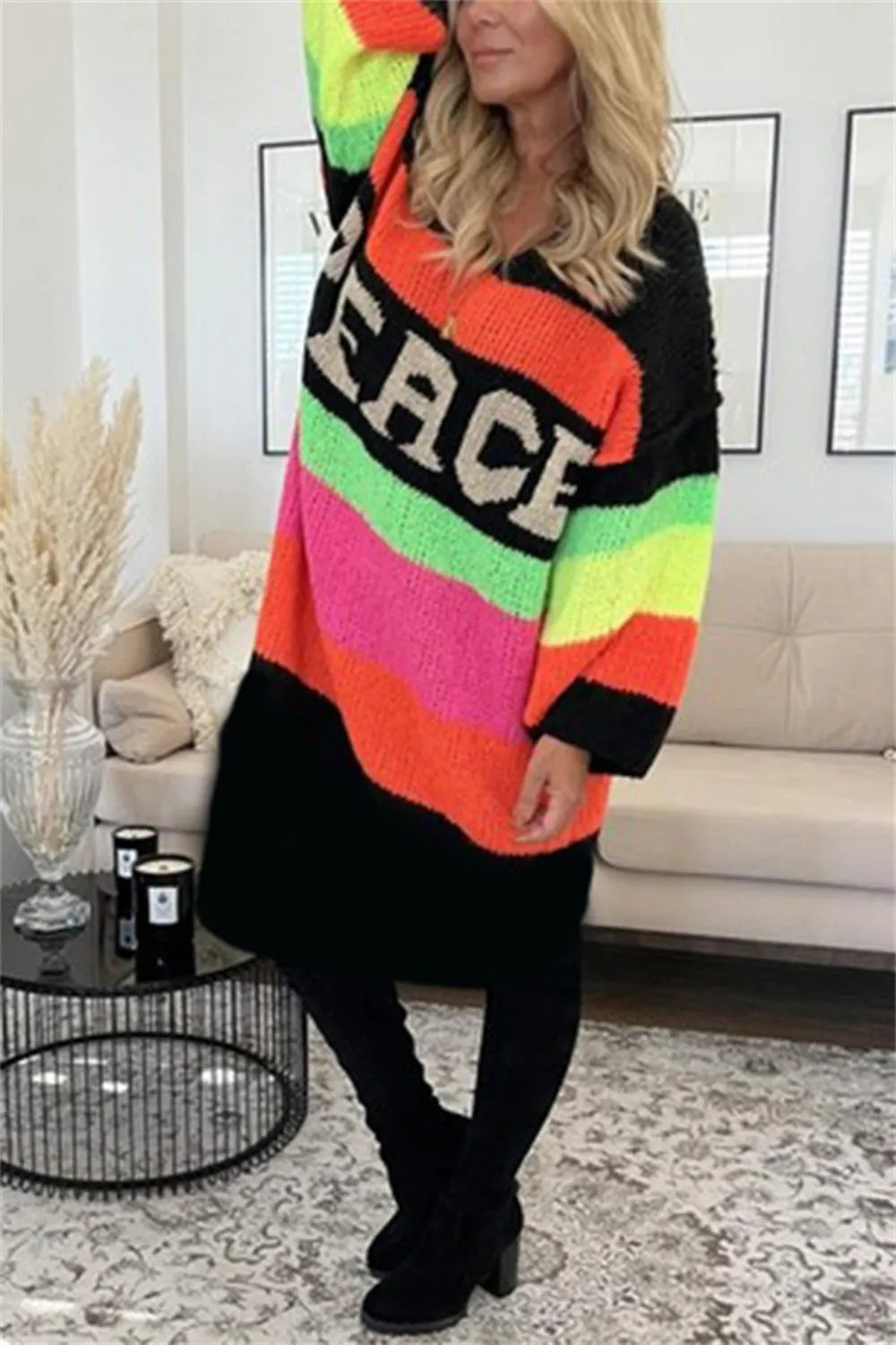 Color Block V-Neck Long Sleeve Sweater Dress - Wellen Fashion