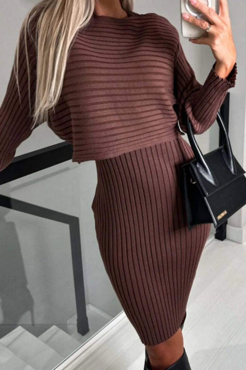 Ribbed Round Neck Top and Cami Dress Sweater Set - Wellen Fashion