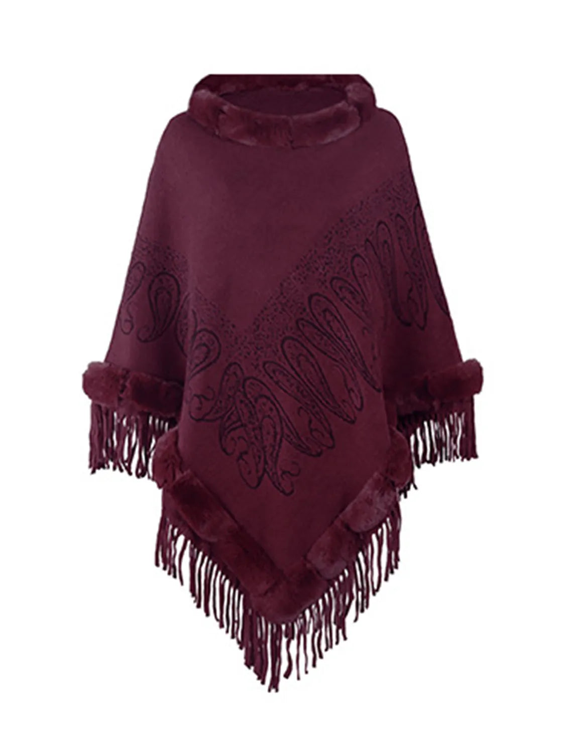 Graphic Fringe Cape Sleeve Poncho - Wellen Fashion