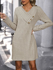 V-Neck Long Sleeve Knit Dress - Wellen Fashion