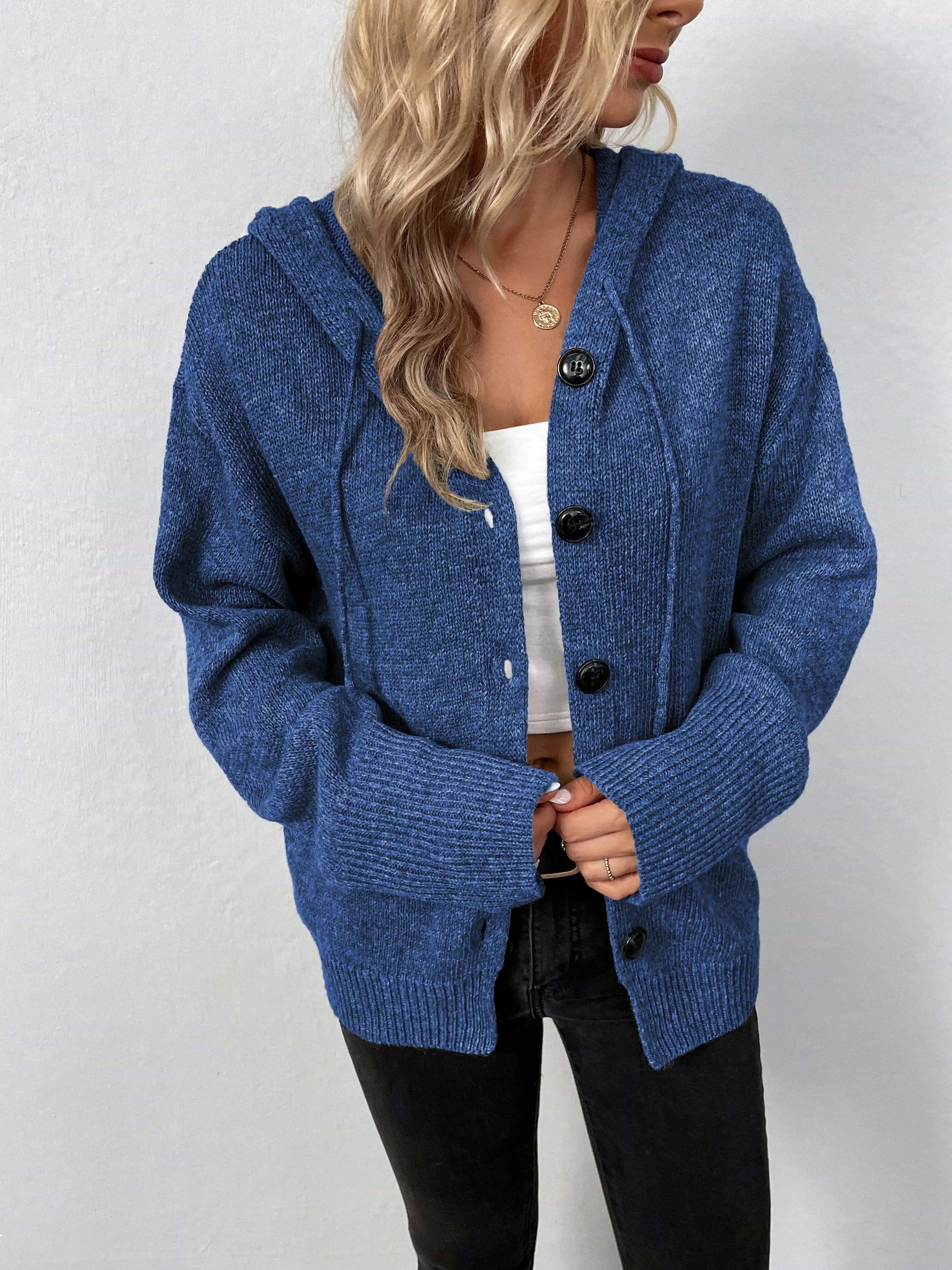 Button-Down Long Sleeve Hooded Sweater - Wellen Fashion