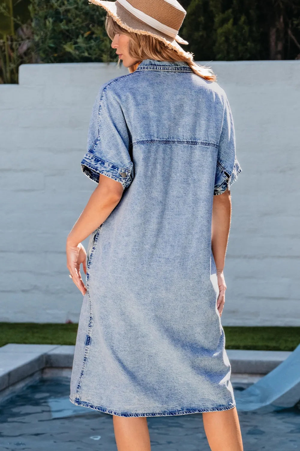 Pocketed Button Up Half Sleeve Denim Dress - Wellen Fashion