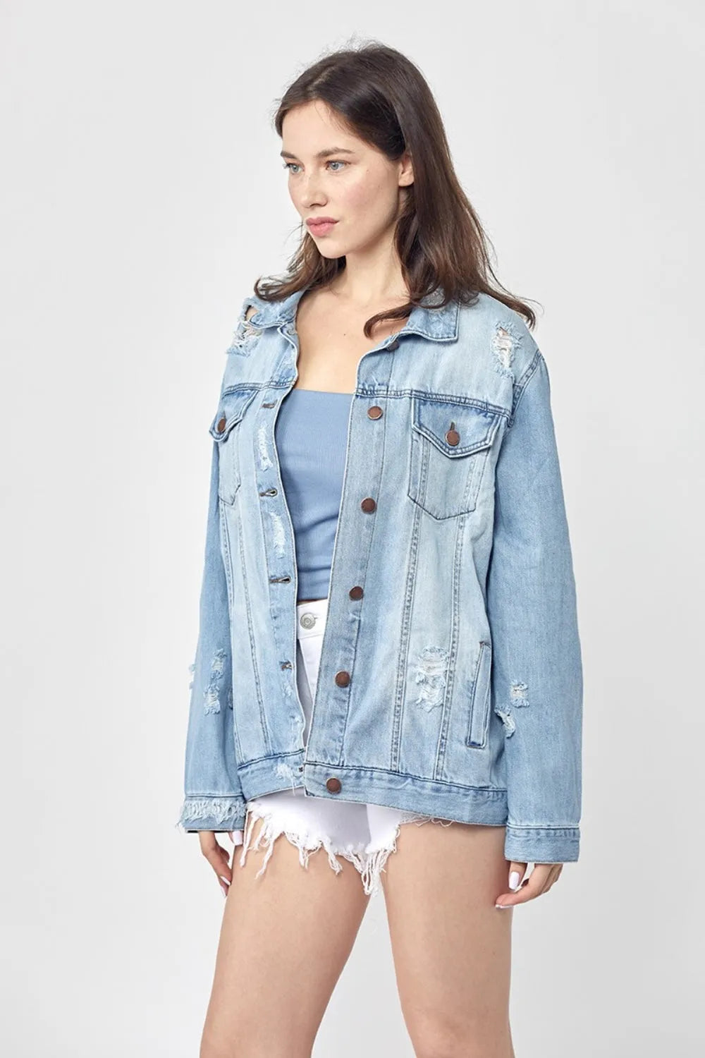 RISEN Full Size Distressed Long Sleeve Denim Jacket - Wellen Fashion