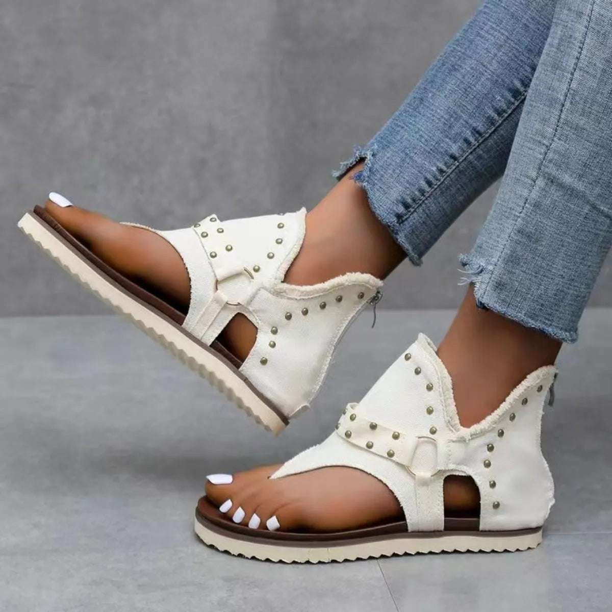 Studded Raw Hem Flat Sandals - Wellen Fashion