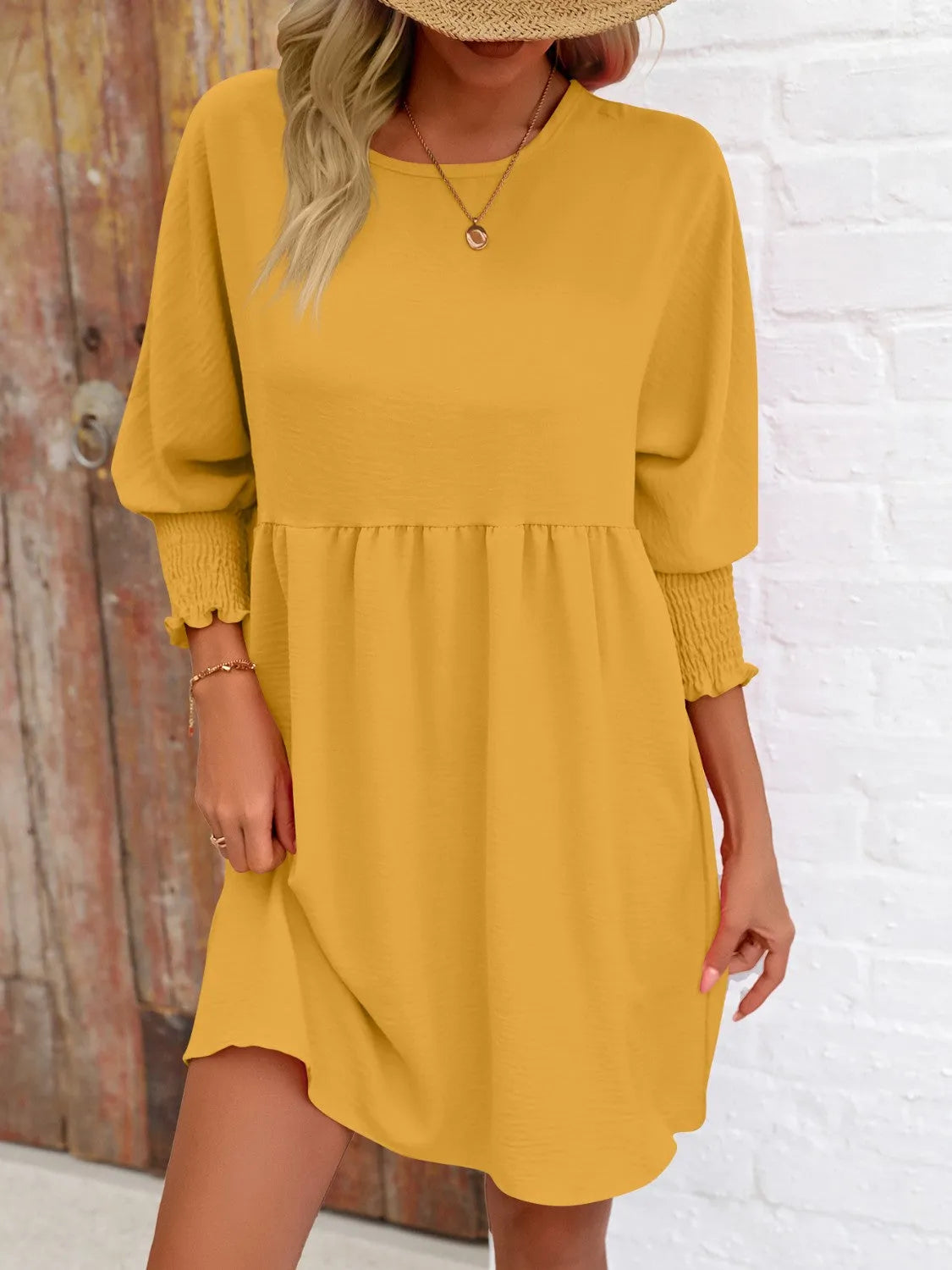 Round Neck Lantern Sleeve Mini Dress - Wellen Fashion