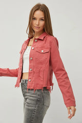 RISEN Raw Hem Button Up Cropped Denim Jacket - Wellen Fashion