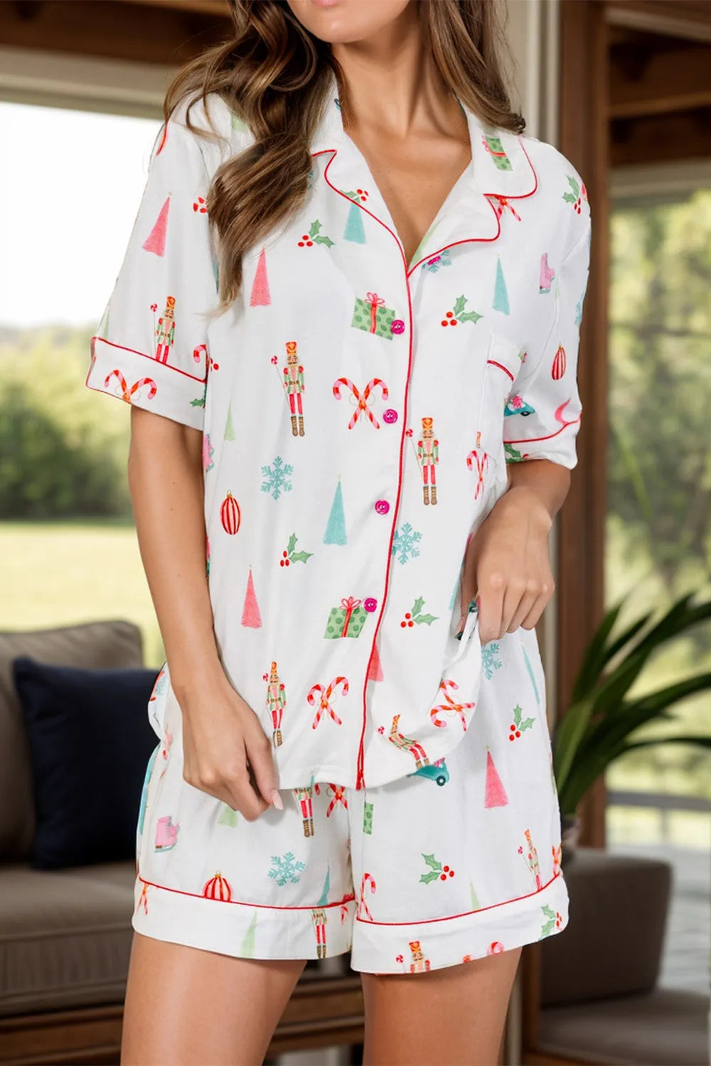 Printed Short Sleeve Top and Shorts Lounge Set - Wellen Fashion