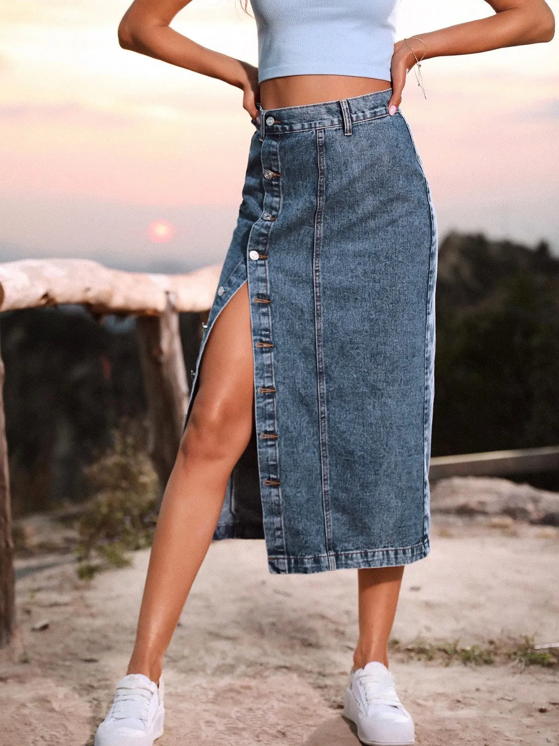 Button Down Denim Skirt - Wellen Fashion