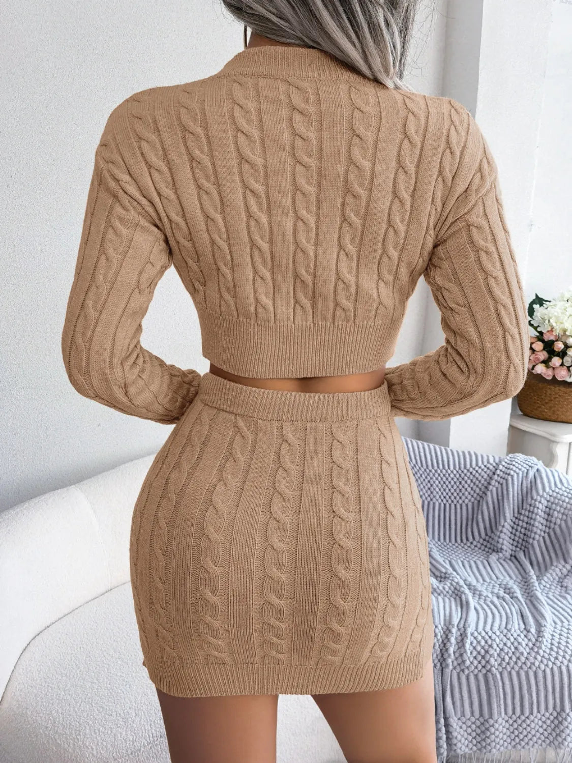 Cable-Knit Round Neck Top and Skirt Sweater Set - Wellen Fashion