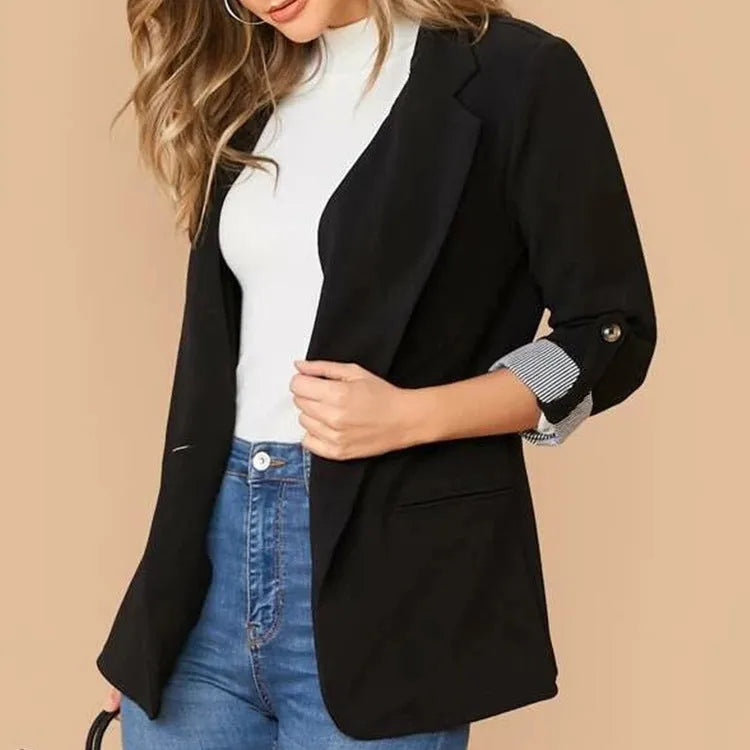 Lapel Collar Roll-Tab Sleeve Blazer - Wellen Fashion