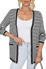 Striped Open Front Long Sleeve Cardigan - Wellen Fashion