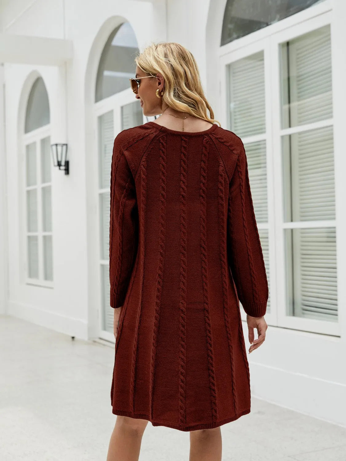 Cable-Knit Long Sleeve Sweater Dress - Wellen Fashion