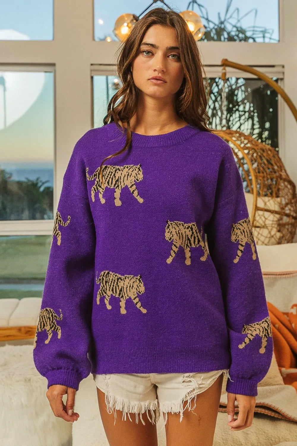 BiBi Tiger Pattern Long Sleeve Sweater - Wellen Fashion