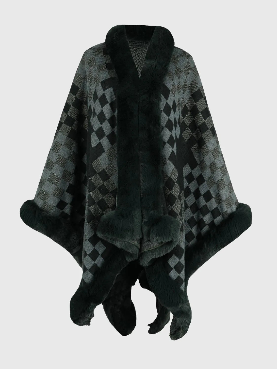 Checkered Faux Fur Trim Poncho - Wellen Fashion