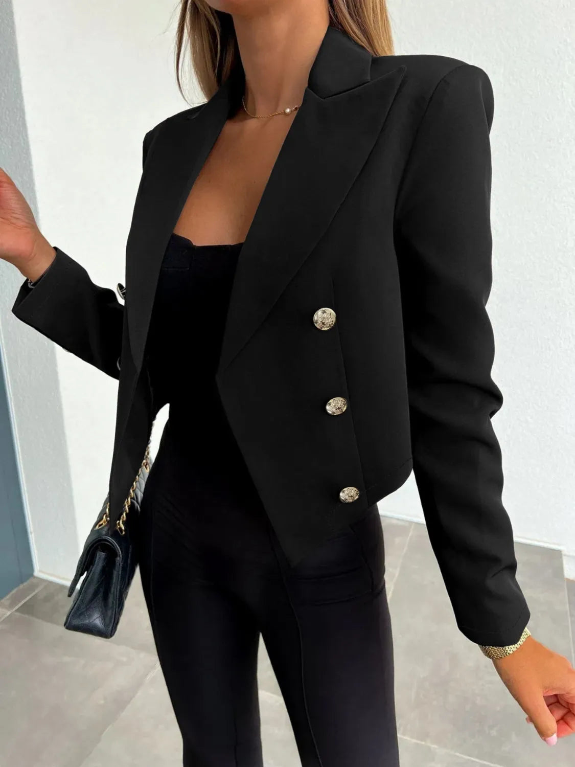 Plus Size Buttoned Lapel Collar Long Sleeve Blazer - Wellen Fashion