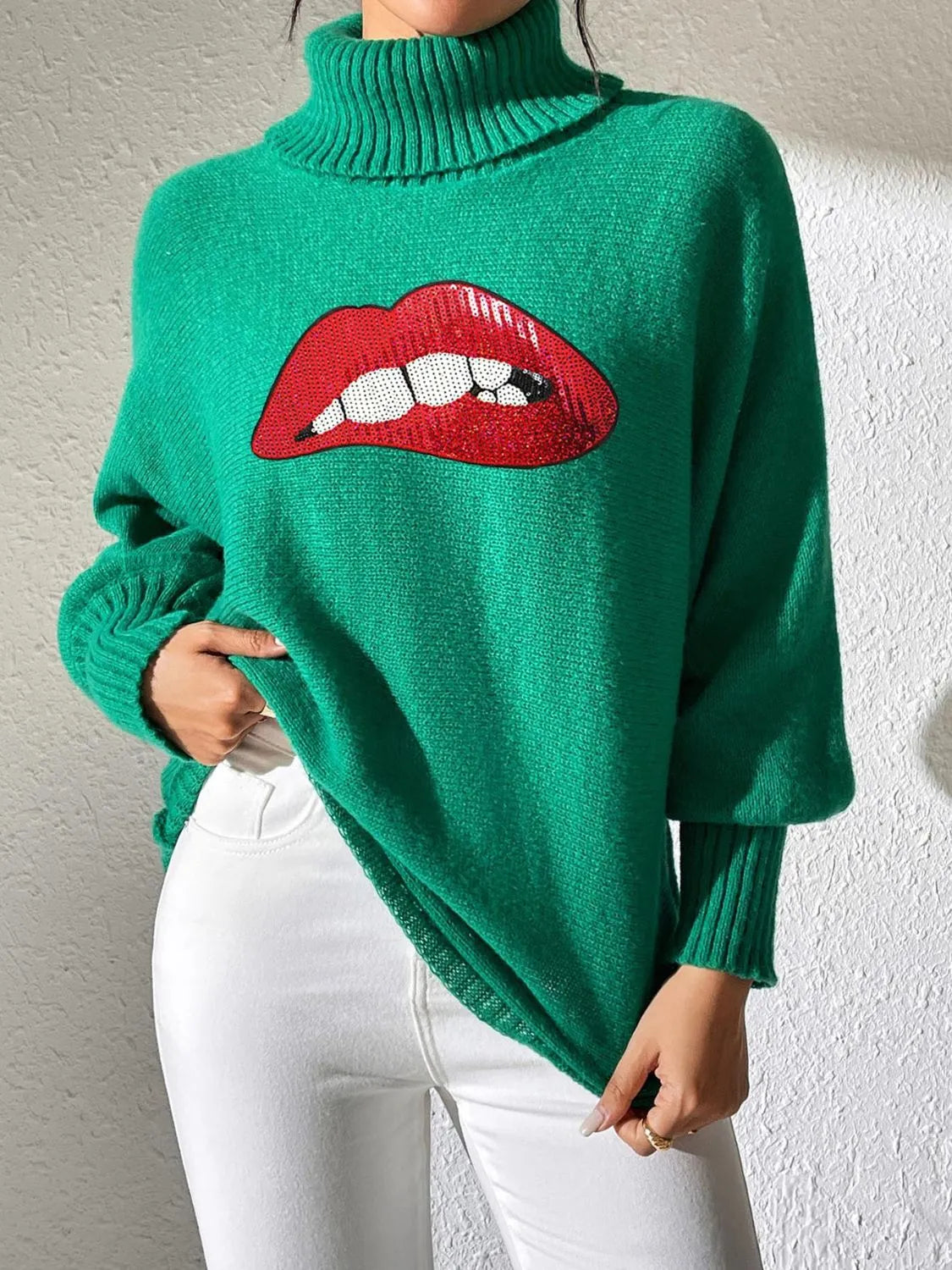 Lip Turtleneck Long Sleeve Sweater - Wellen Fashion