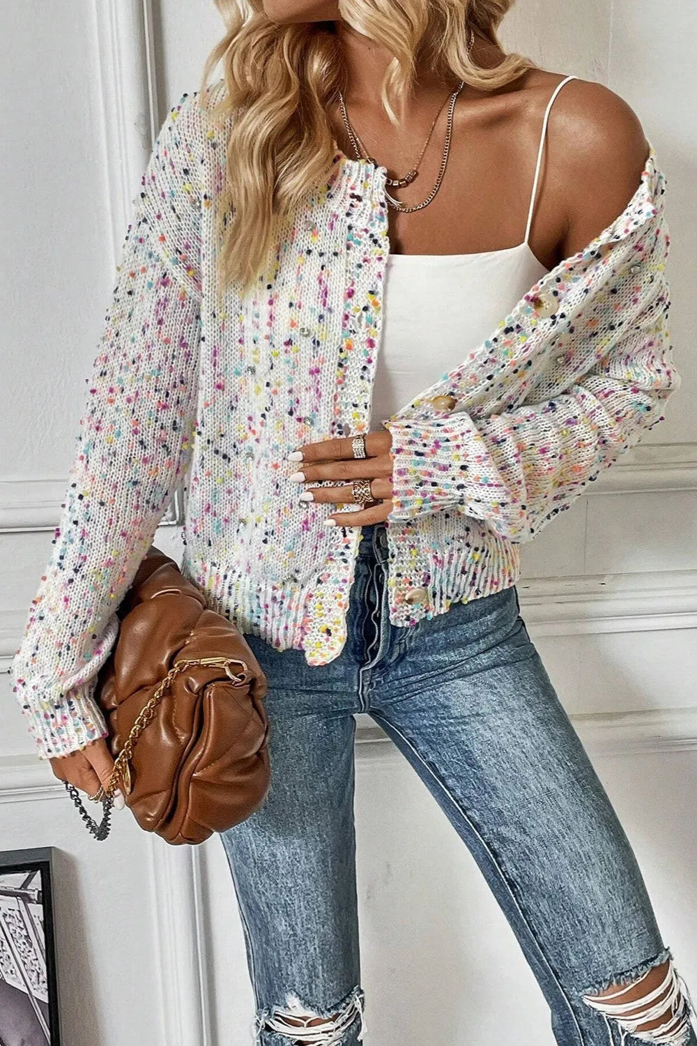 Confetti Button Up Long Sleeve Cardigan - Wellen Fashion