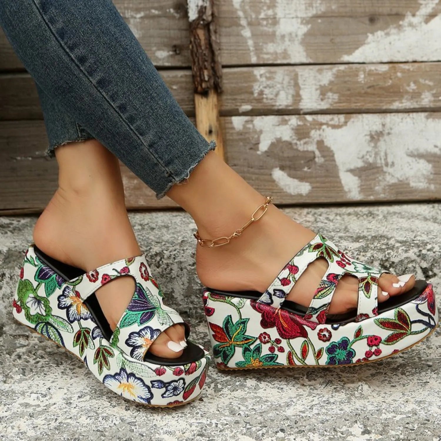 Cutout Floral Peep Toe Sandals - Wellen Fashion