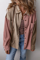 Button Up Color Block Long Sleeve Shacket - Wellen Fashion