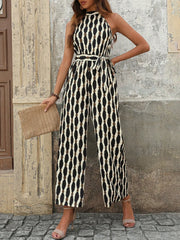 Tied Printed Grecian Neck Jumpsuit - Wellen Fashion