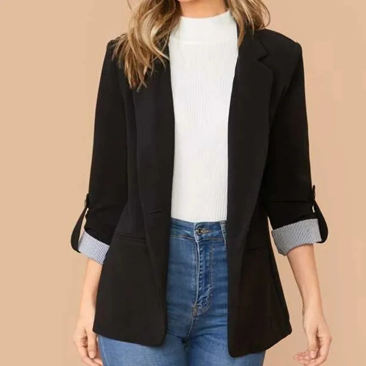 Lapel Collar Roll-Tab Sleeve Blazer - Wellen Fashion