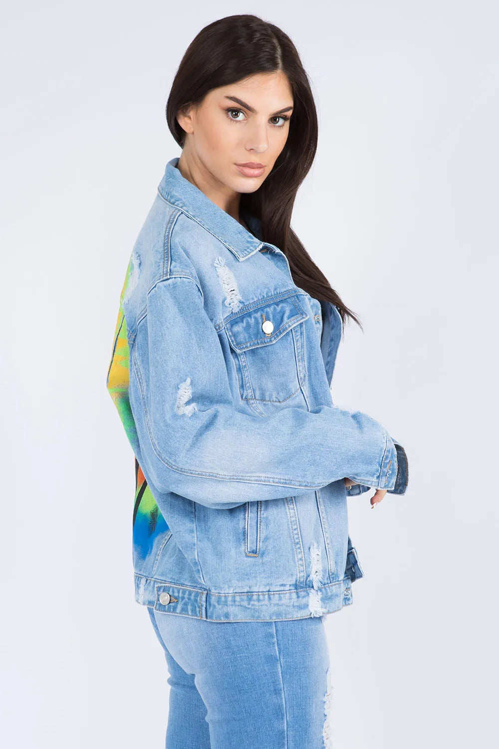 American Bazi Full Size Painted Back Distressed Denim Jacket - Wellen Fashion