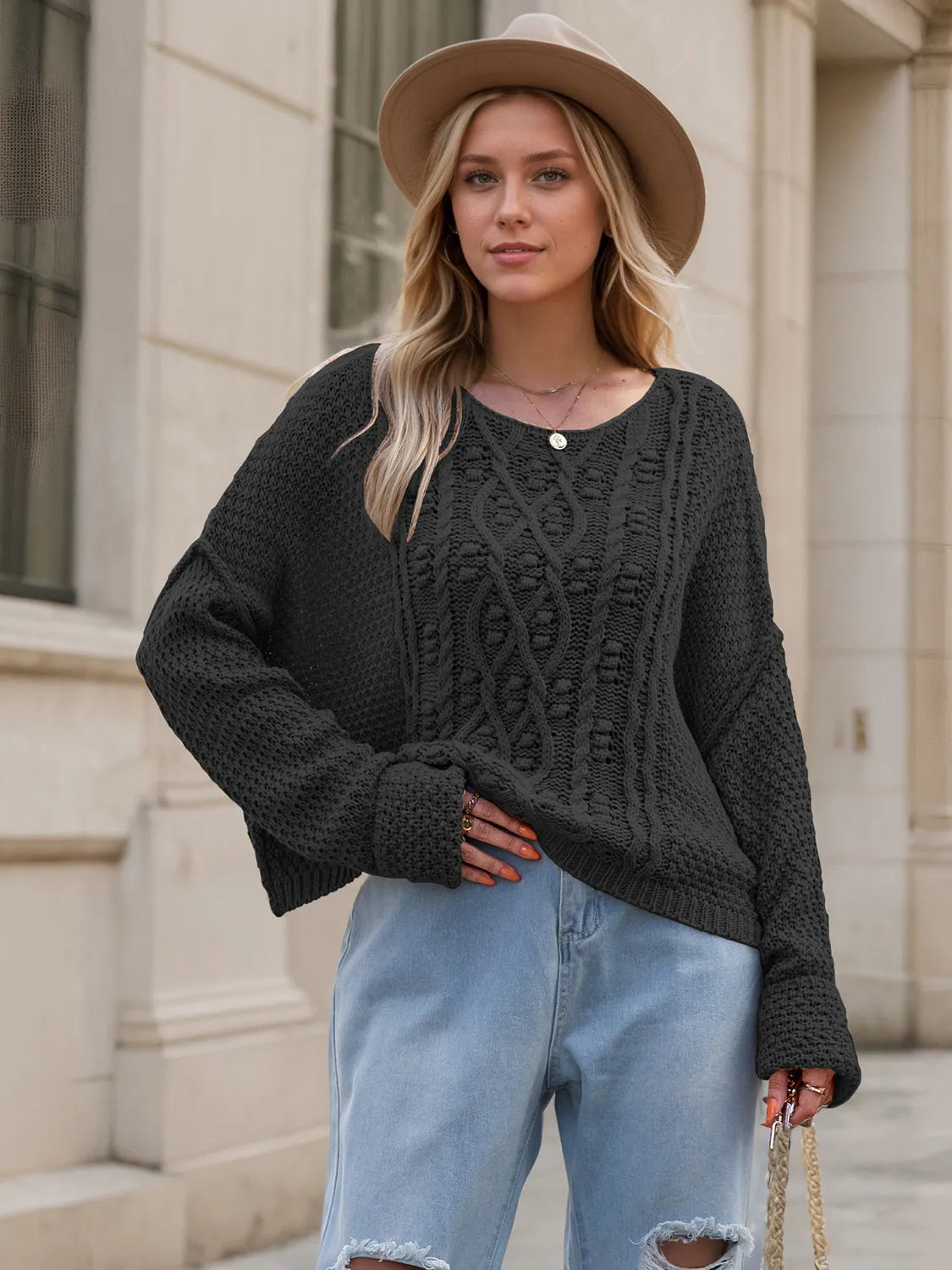 Round Neck Dropped Shoulder Long Sleeve Sweater