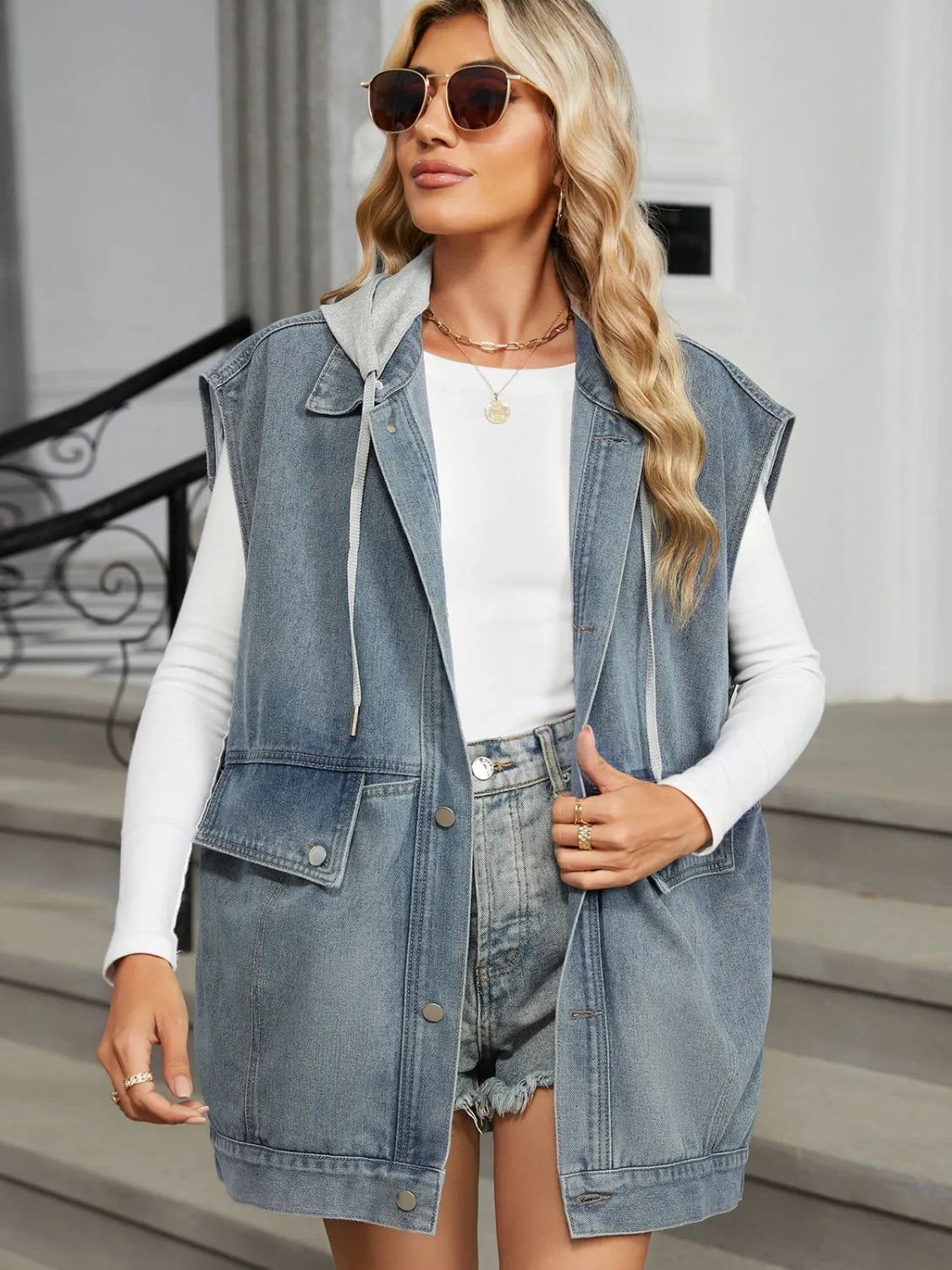 Removable Hood Button Up Cap Sleeve Denim Jacket - Wellen Fashion