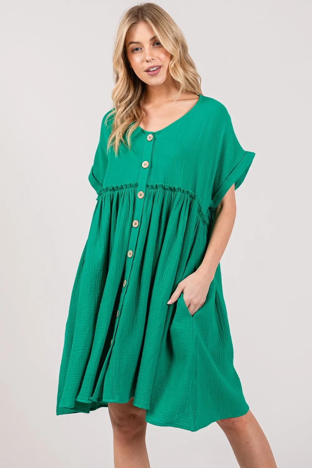 SAGE + FIG Full Size Button Up Short Sleeve Dress - Wellen Fashion