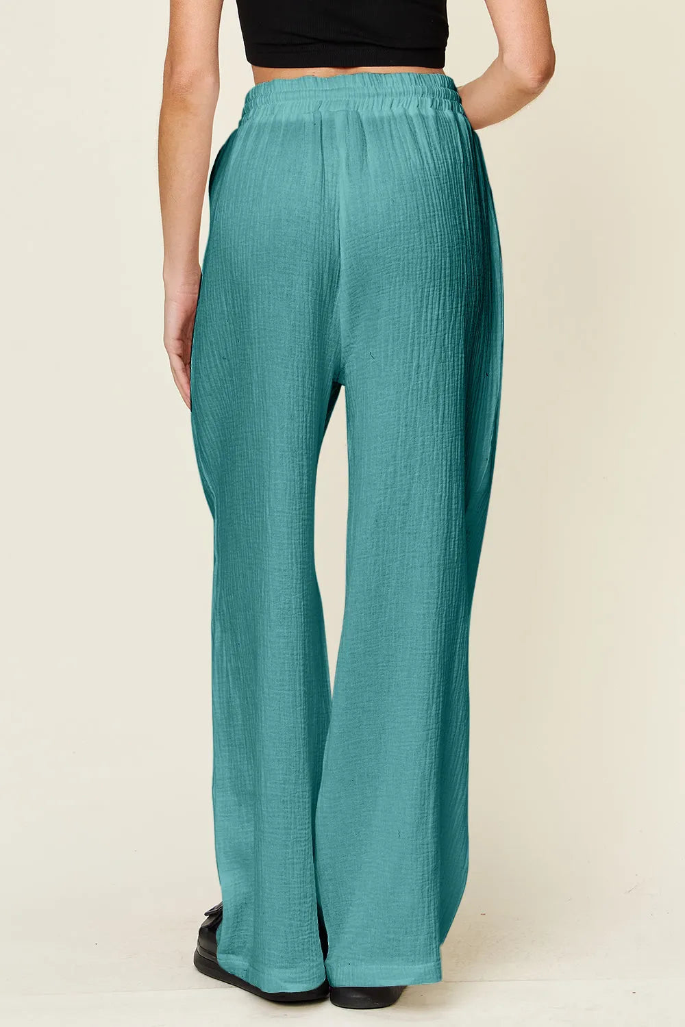 Double Take Full Size Texture Drawstring Wide Leg Pants - Wellen Fashion