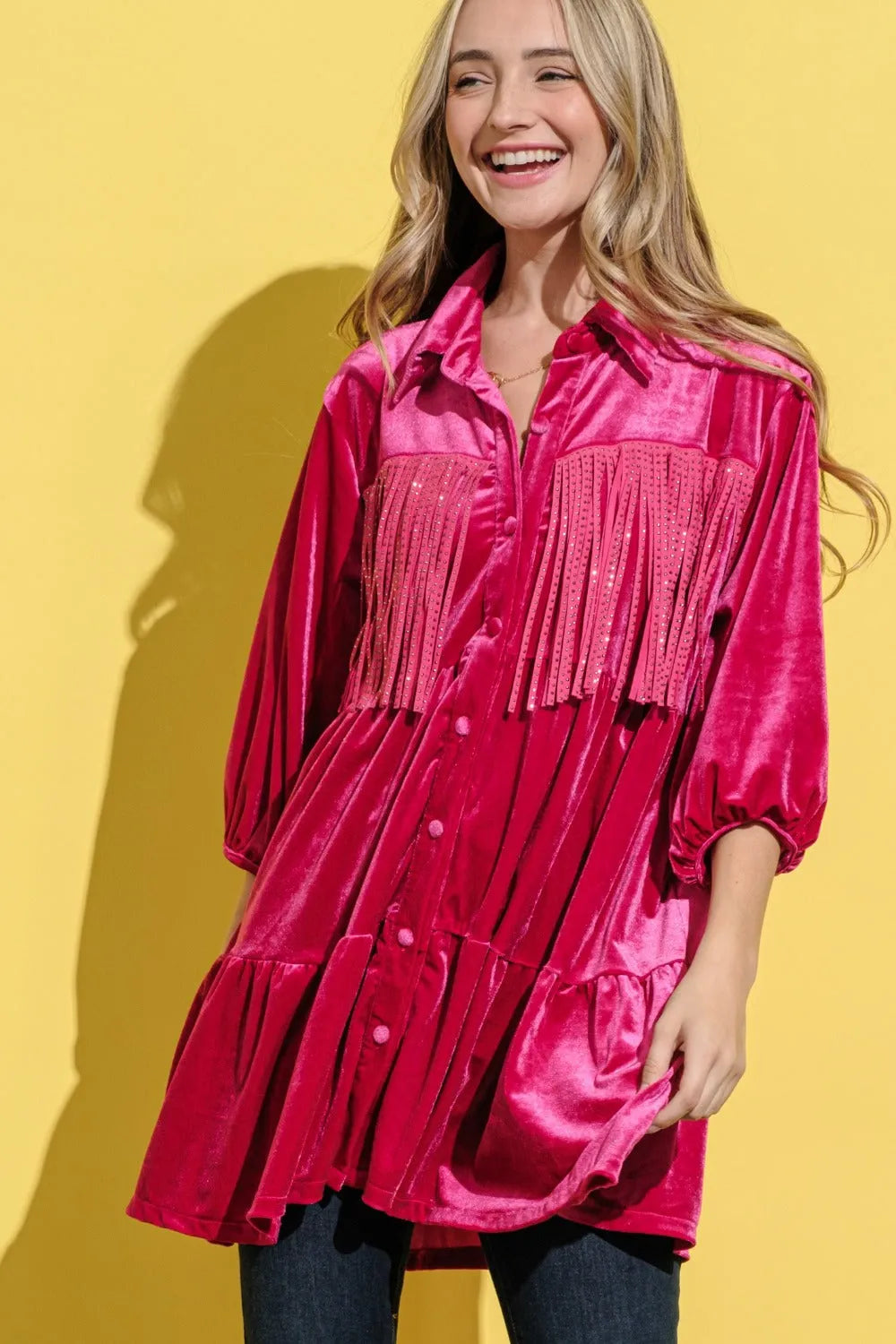 And The Why Fringe Detailed Velvet Shirt Dress - Wellen Fashion