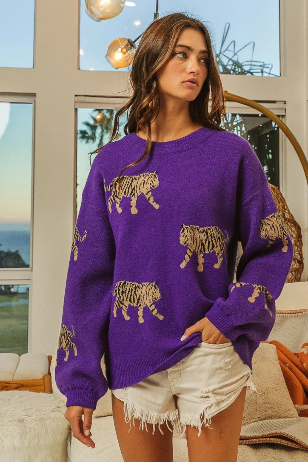 BiBi Tiger Pattern Long Sleeve Sweater - Wellen Fashion