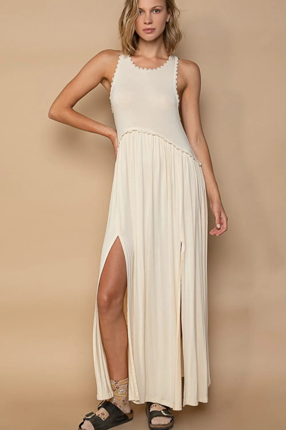 POL Sleeveless Back Zipper Front Slit Maxi Dress - Wellen Fashion