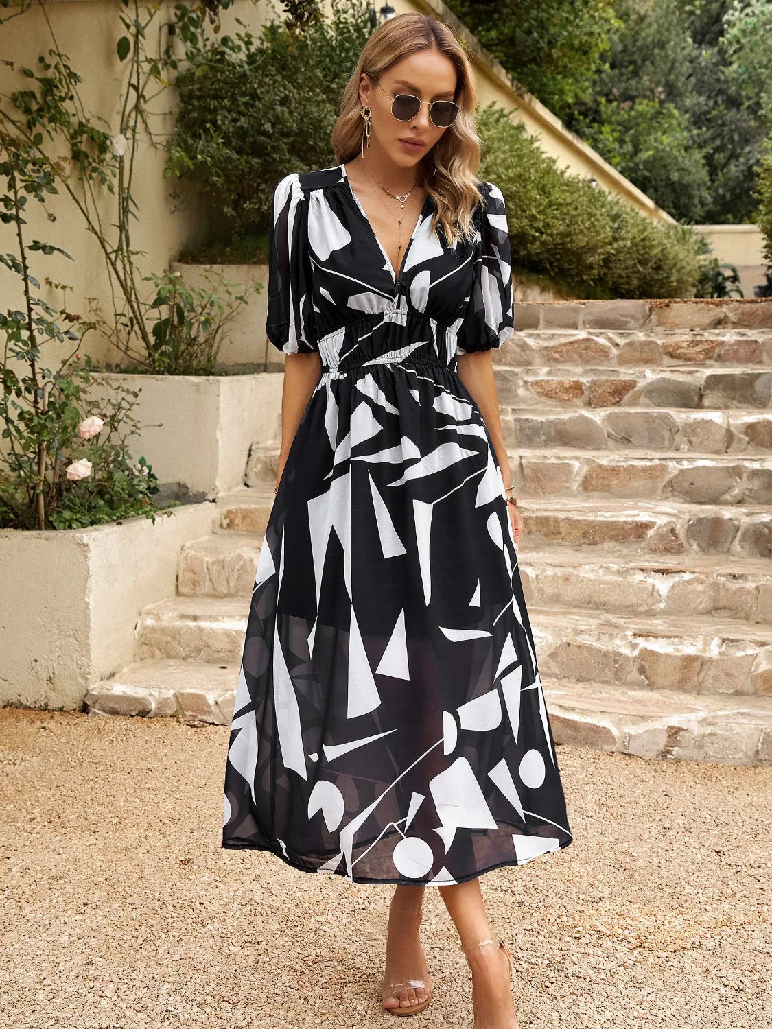 Smocked Printed V-Neck Half Sleeve Midi Dress - Wellen Fashion