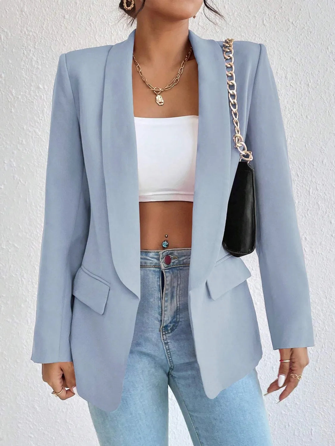 Shawl Collar Long Sleeve Blazer - Wellen Fashion