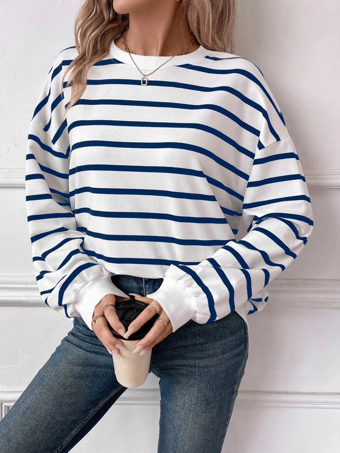 Lovelet Striped Round Neck Long Sleeve Sweatshirt - Wellen Fashion