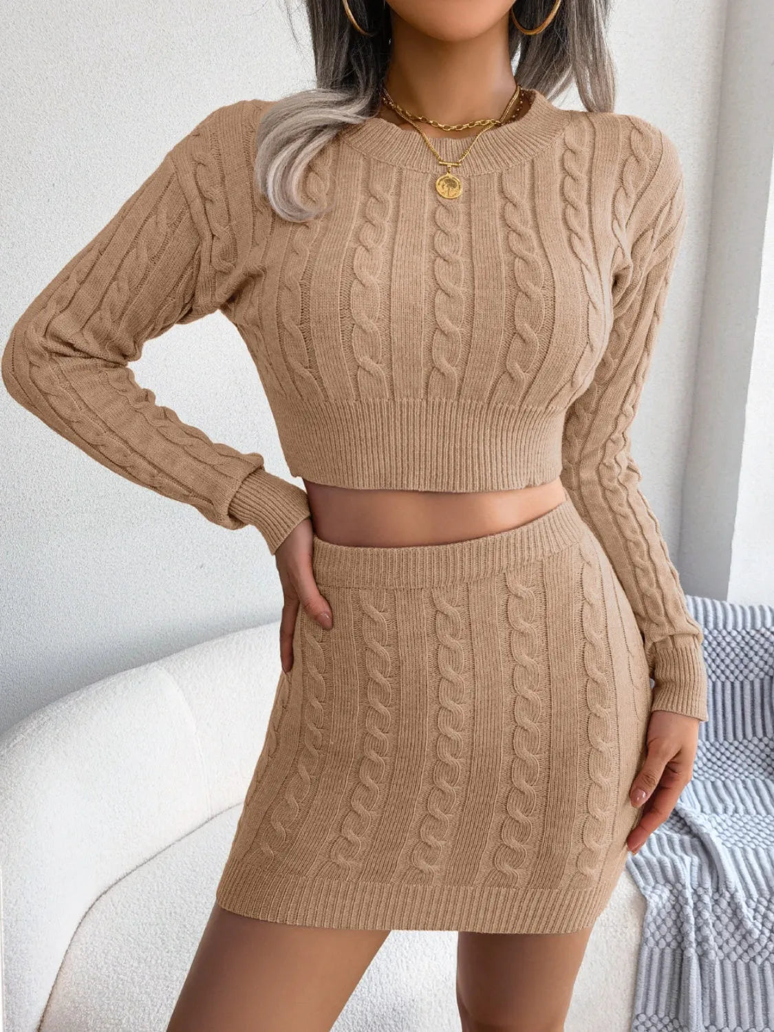 Cable-Knit Round Neck Top and Skirt Sweater Set - Wellen Fashion