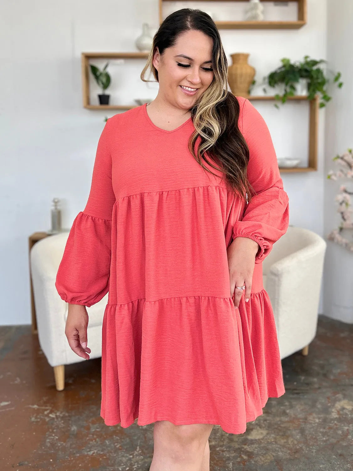 Double Take Full Size V-Neck Balloon Sleeve Tiered Dress with Pockets - Wellen Fashion