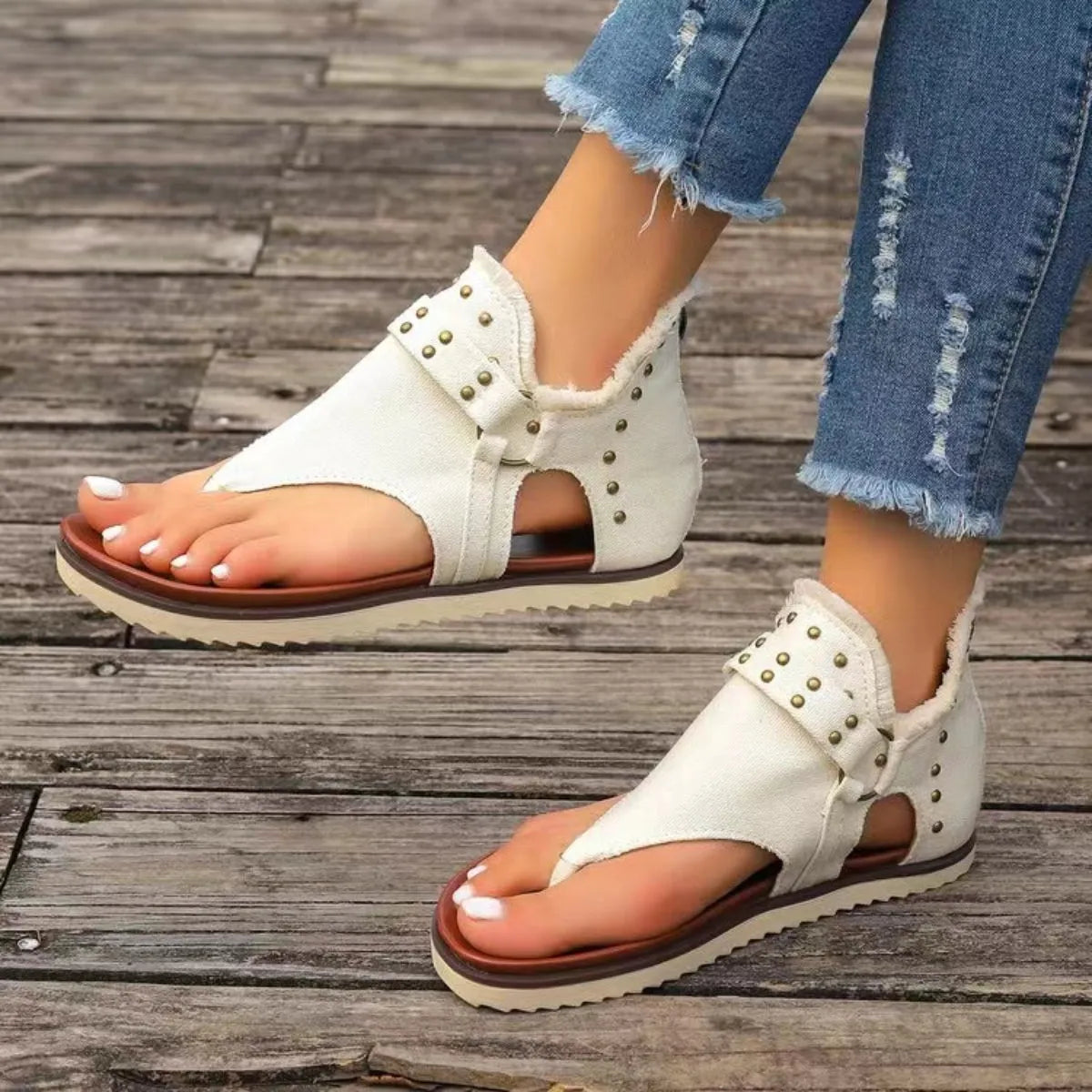 Studded Raw Hem Flat Sandals - Wellen Fashion